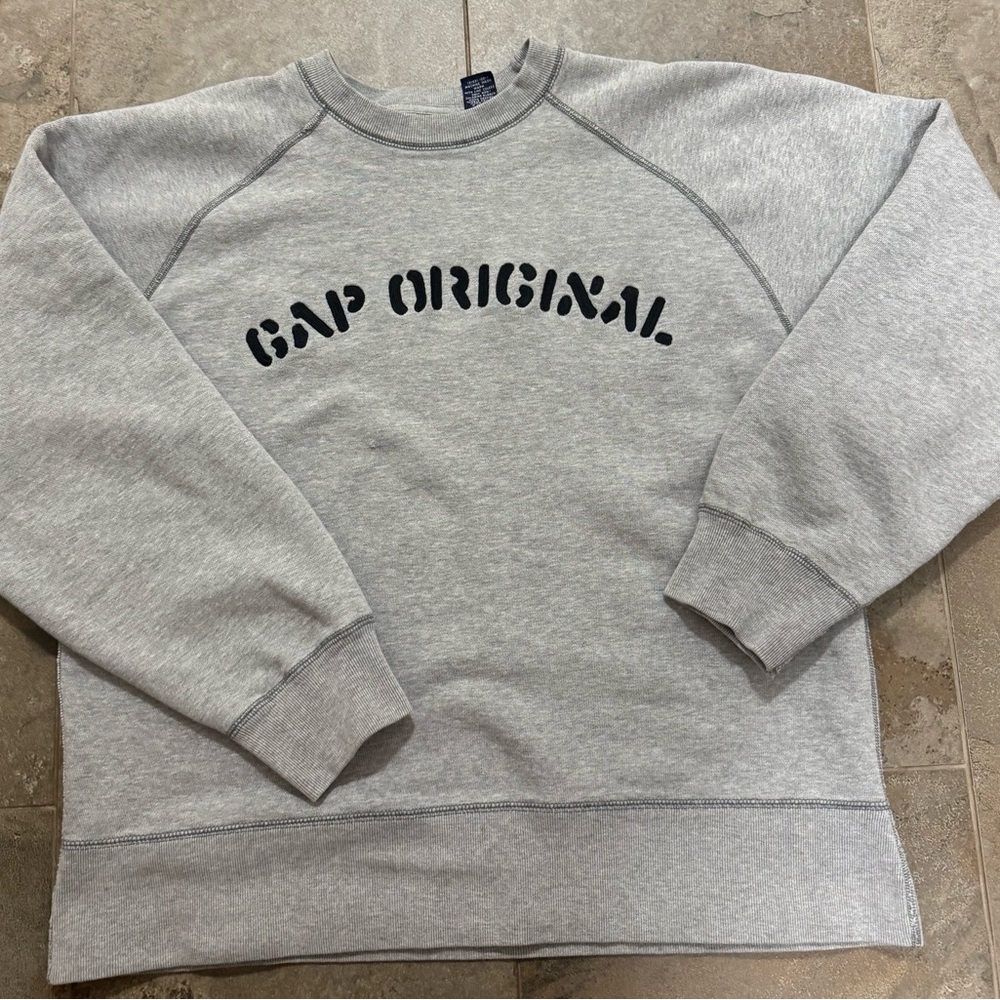 GAP Original Logo Crewneck Sweatshirt Gray Flocked Graphic Oversized XS